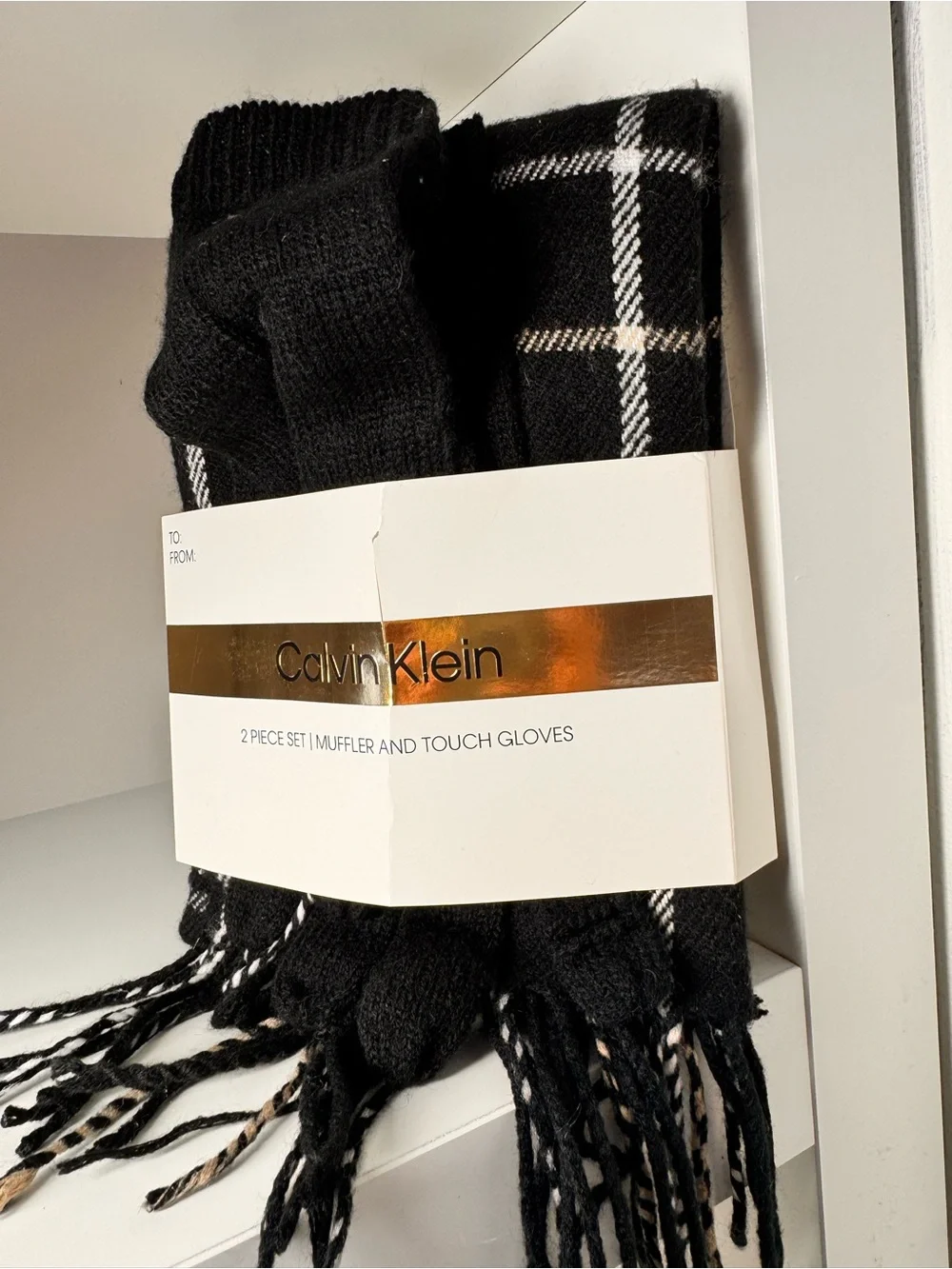 Calvin Klein Black Plaid Scarf and Touchscreen Gloves Set